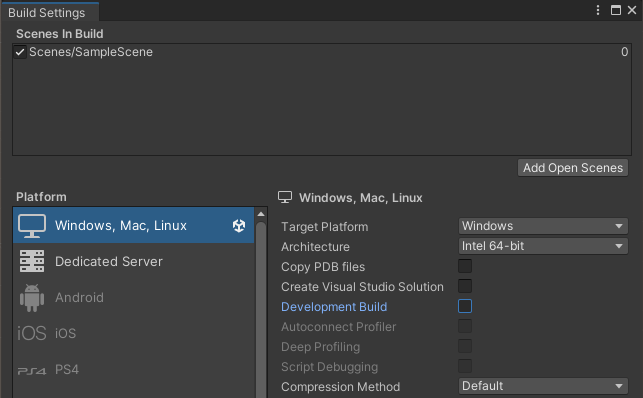 Décocher « Development Build » évite à Windows de demander l'autorisation Firewall