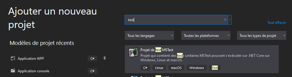 Ajouter un projet de test dans Visual Studio