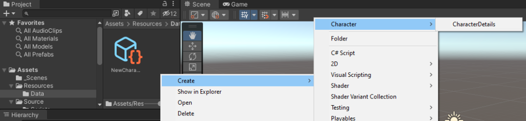 Élément de la fenêtre projet Unity créé avec l'attribut CreateAssetMenu