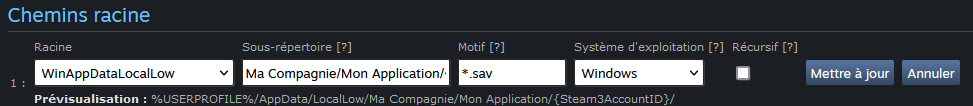 Configuration d'un chemin de sauvegardes