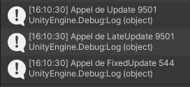 Unity3D : occurrence des fonctions Update(), LateUpdate() et FixedUpdate() en 10 secondes